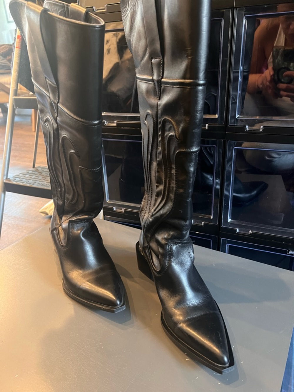 Zara Black Over-the-Knee Leather Boots with Western Stitching - Festival Boot